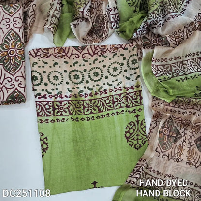 Beige & light Green crepe georgette unstitched salwar material (lining optional) hand block printed allover, blocked santoon bottom, hand block printed dual shade chiffon dupatta (TAPING NEEDED). DC251108 (over lapping of prints not consider as a defect)