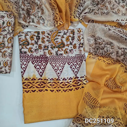 Beige & Yellow crepe georgette unstitched salwar material (lining optional) hand block printed allover, blocked santoon bottom, hand block printed dual shade chiffon dupatta (TAPING NEEDED). DC251109 (over lapping of prints not consider as a defect)