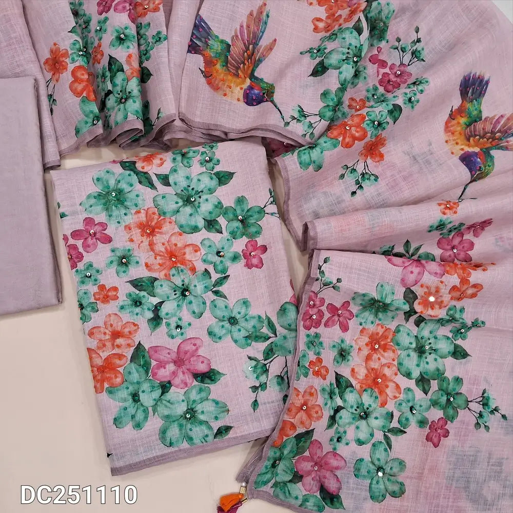 Designer pastel Pink pure linen unstitched salwar material,(lining needed) digital print, hand embroidery work on front, printed v neck, matching santoon bottom, digital print & hand embroidery work on pure linen full length dupatta with tassels. DC251110