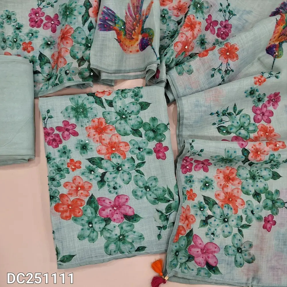 Designer pastel Blue pure linen unstitched salwar material,(lining needed) digital print, hand embroidery work on front, printed v neck, matching santoon bottom, digital print & hand embroidery work on pure linen full length dupatta with tassels. DC251111