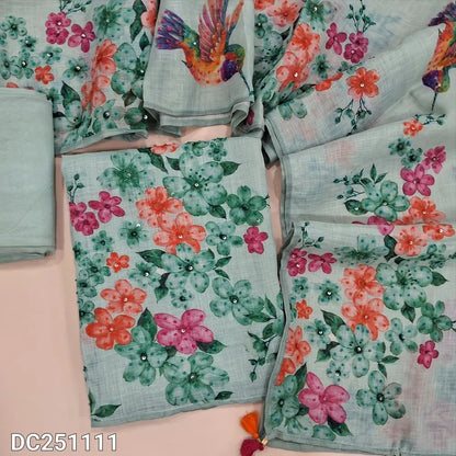 Designer pastel Blue pure linen unstitched salwar material,(lining needed) digital print, hand embroidery work on front, printed v neck, matching santoon bottom, digital print & hand embroidery work on pure linen full length dupatta with tassels. DC251111