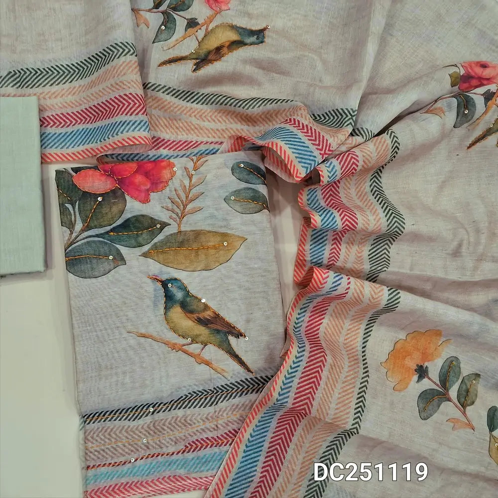 Digital printed Beige fancy silk cotton unstitched salwar material,(lining needed) digital print, embroidery work on front, lining included, NO BOTTOM, digital print, hand embroidery work on fancy silk cotton dupatta. DC251119