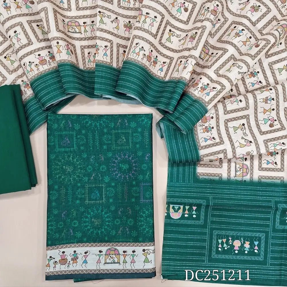 Dark teal Blue semi tussar unstitched salwar material (lining needed) digital warli printed allover, matching cotton bottom, digital warli printed semi tussar dupatta. DC251211