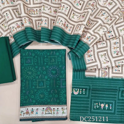 Dark teal Blue semi tussar unstitched salwar material (lining needed) digital warli printed allover, matching cotton bottom, digital warli printed semi tussar dupatta. DC251211
