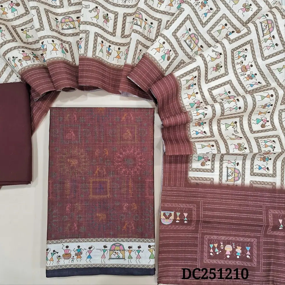 Dark Maroon semi tussar unstitched salwar material (lining needed) digital warli printed allover, matching cotton bottom, digital warli printed semi tussar dupatta. DC251210