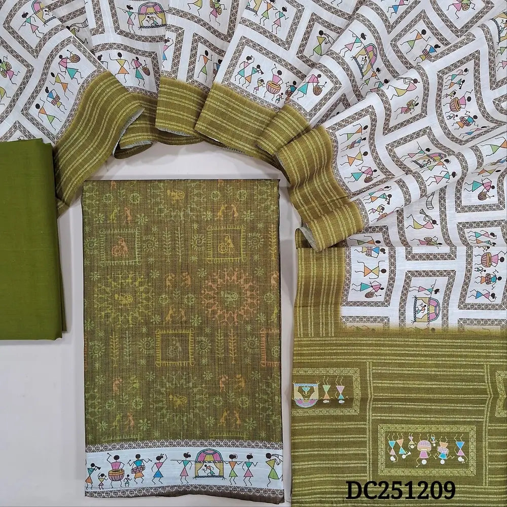 Olive Green semi tussar unstitched salwar material (lining needed) digital warli printed allover, matching cotton bottom, digital warli printed semi tussar dupatta. DC251209