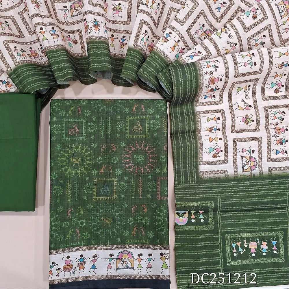 Dark Green semi tussar unstitched salwar material (lining needed) digital warli printed allover, matching cotton bottom, digital warli printed semi tussar dupatta. DC251212