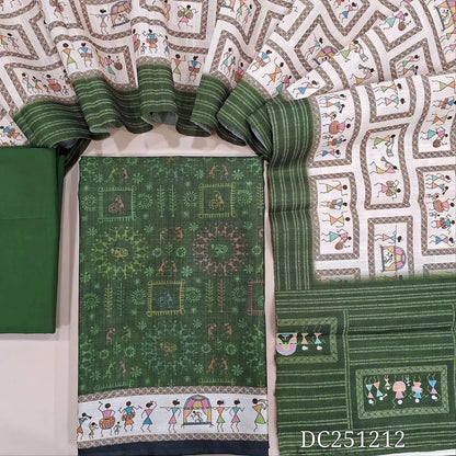 Dark Green semi tussar unstitched salwar material (lining needed) digital warli printed allover, matching cotton bottom, digital warli printed semi tussar dupatta. DC251212