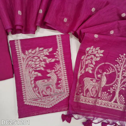 Designer bright Pink jamdani woven premium tussar unstitched salwar material (lining needed) zari jamdani woven on yoke, buttas on front, matching santoon bottom, premium tussar full length dupatta with zari jamdani woven pallu and tassels.DC251201