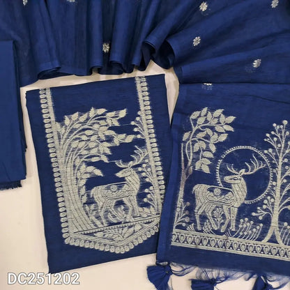 Designer dark Blue jamdani woven premium tussar unstitched salwar material (lining needed) zari jamdani woven on yoke, buttas on front, matching santoon bottom, premium tussar full length dupatta with zari jamdani woven pallu and tassels.DC251202