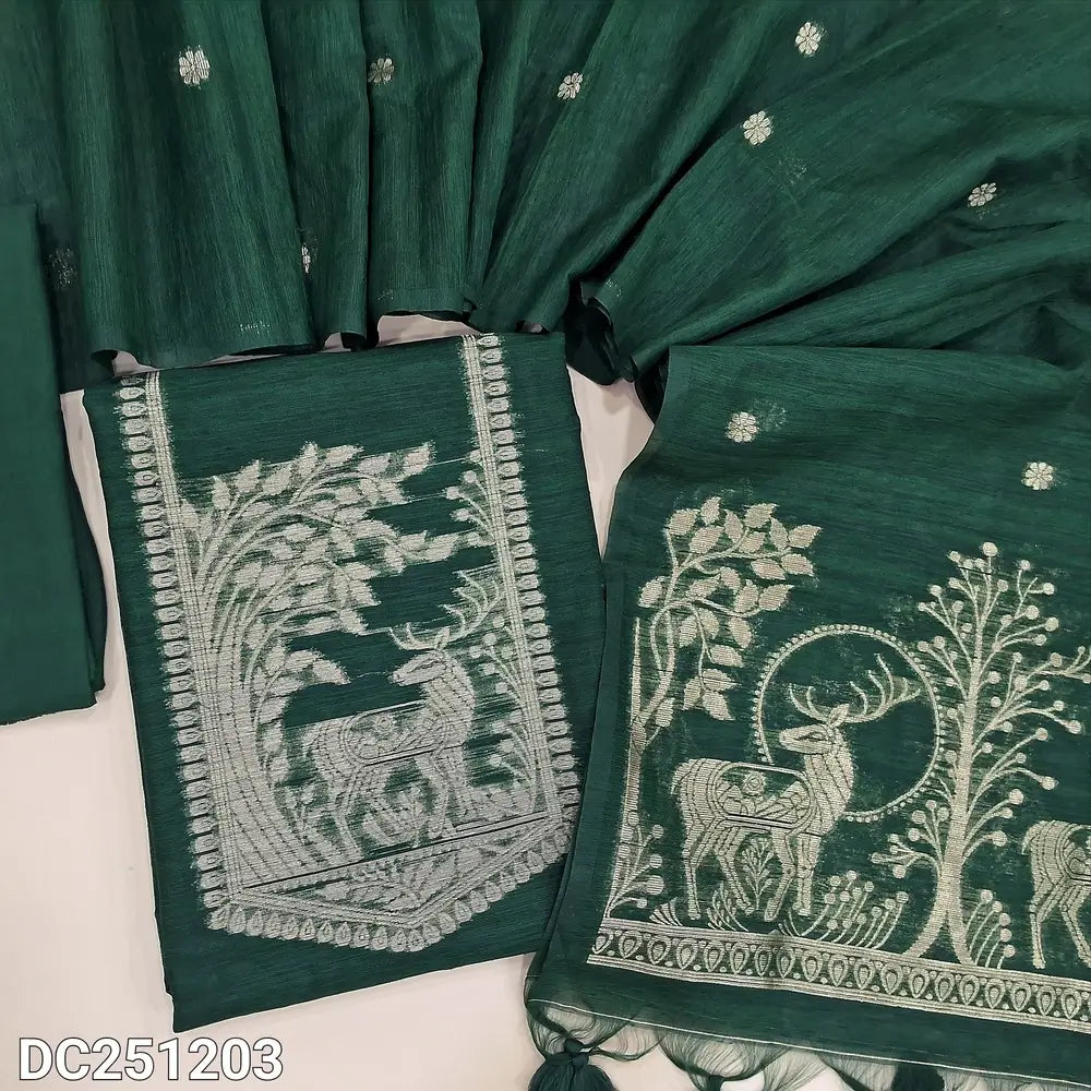 Designer bottle Green jamdani woven premium tussar unstitched salwar material (lining needed) zari jamdani woven on yoke, buttas on front, matching santoon bottom, premium tussar full length dupatta with zari jamdani woven pallu and tassels.DC251203