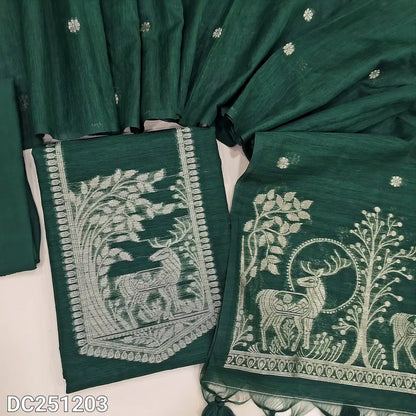 Designer bottle Green jamdani woven premium tussar unstitched salwar material (lining needed) zari jamdani woven on yoke, buttas on front, matching santoon bottom, premium tussar full length dupatta with zari jamdani woven pallu and tassels.DC251203