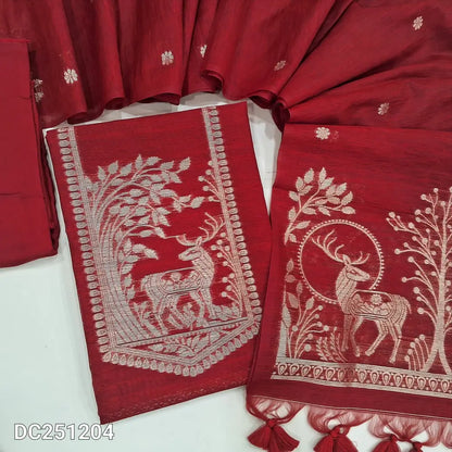 Designer Red jamdani woven premium tussar unstitched salwar material (lining needed) zari jamdani woven on yoke, buttas on front, matching santoon bottom, premium tussar full length dupatta with zari jamdani woven pallu and tassels.DC251204