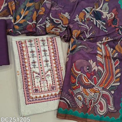 Half White premium tissue silk unstitched salwar material (lining needed) digital print, embroidery work on yoke, purple silky bottom, digital kalamkari printed silk cotton full length dupatta. DC251205
