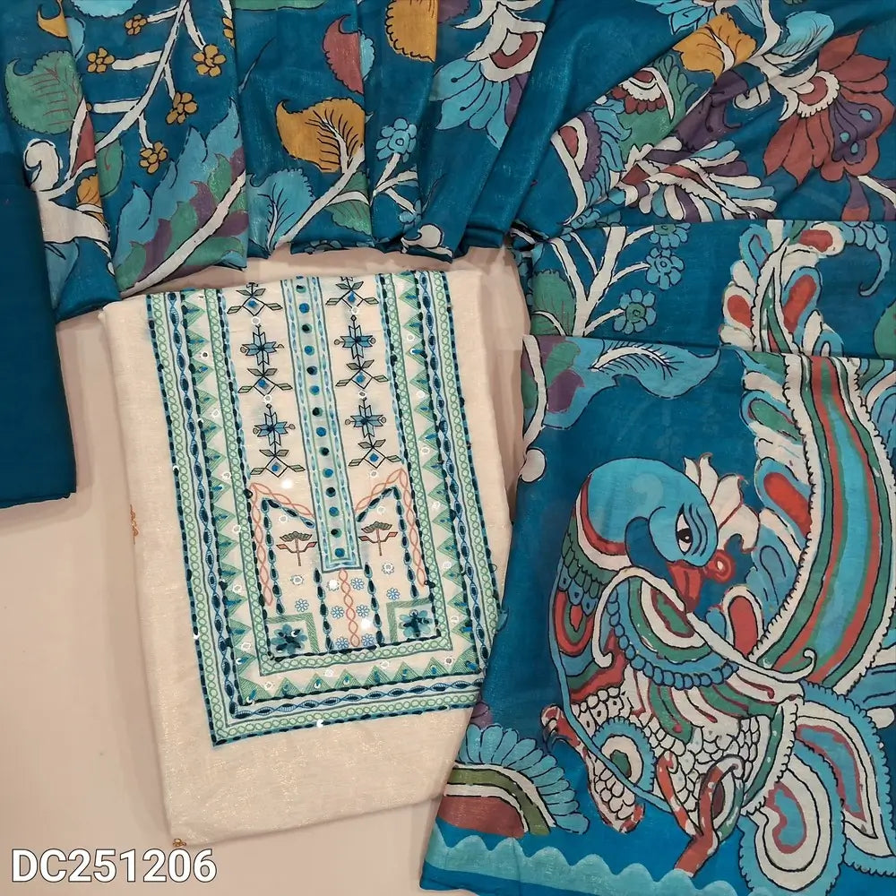 Half White premium tissue silk unstitched salwar material (lining needed) digital print, embroidery work on yoke, dark teal blue silky bottom, digital kalamkari printed silk cotton full length dupatta. DC251206