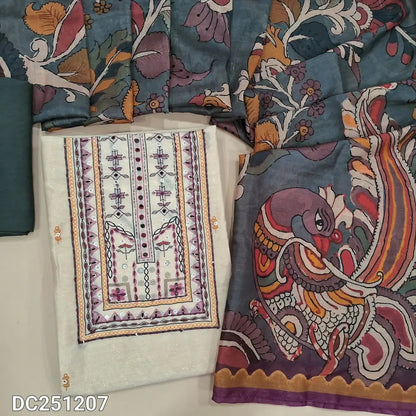 Half White premium tissue silk unstitched salwar material (lining needed) digital print, embroidery work on yoke, dark grey silky bottom, digital kalamkari printed silk cotton full length dupatta. DC251207