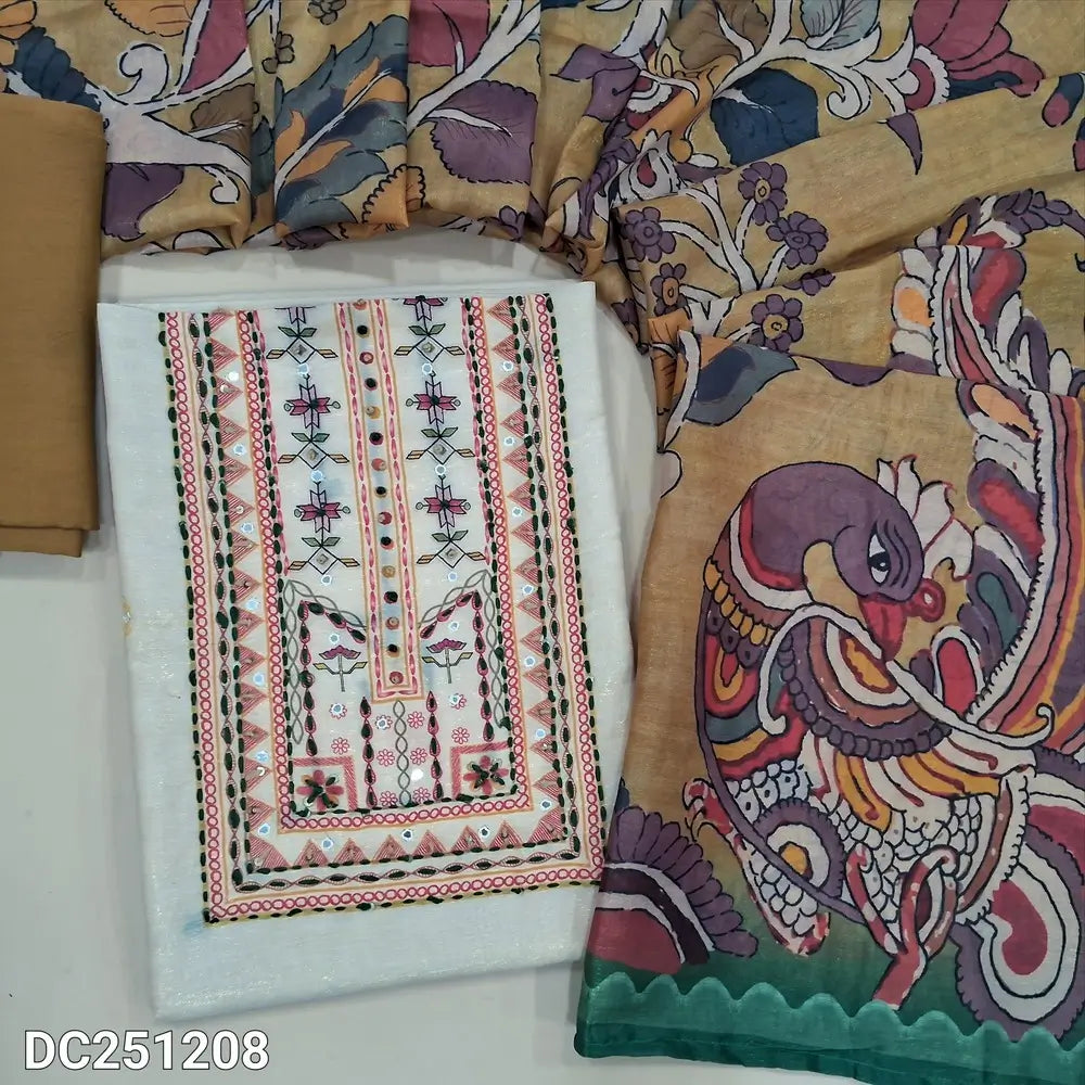 Half White premium tissue silk unstitched salwar material (lining needed) digital print, embroidery work on yoke, mehandhi yellow silky bottom, digital kalamkari printed silk cotton full length dupatta. DC251208