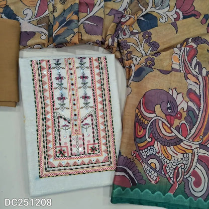 Half White premium tissue silk unstitched salwar material (lining needed) digital print, embroidery work on yoke, mehandhi yellow silky bottom, digital kalamkari printed silk cotton full length dupatta. DC251208