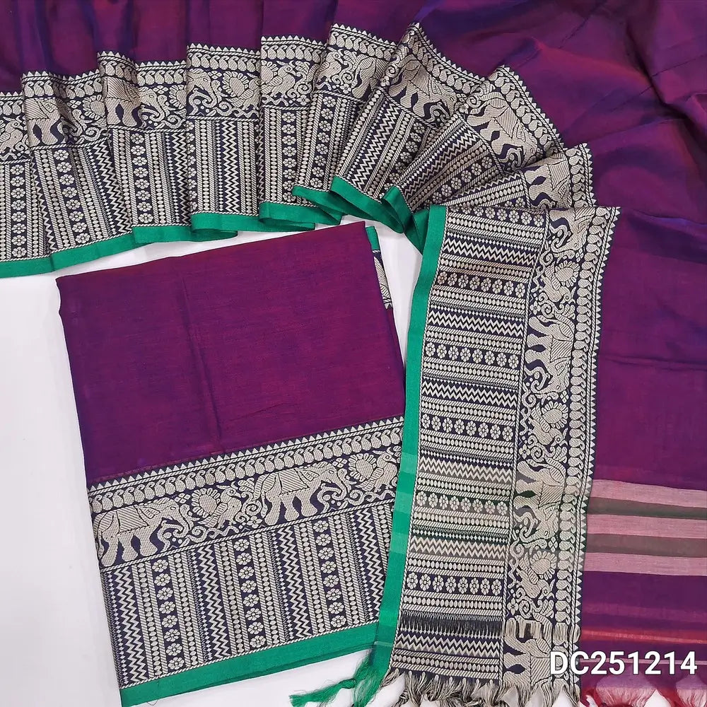 Purple mercerised handloom cotton unstitched salwar material, double side borders (Lining Needed) Fabric Measurement : 4.5 Meters, Full length dupatta. Note : Weaving Inconsistencies are not defects. DC251214