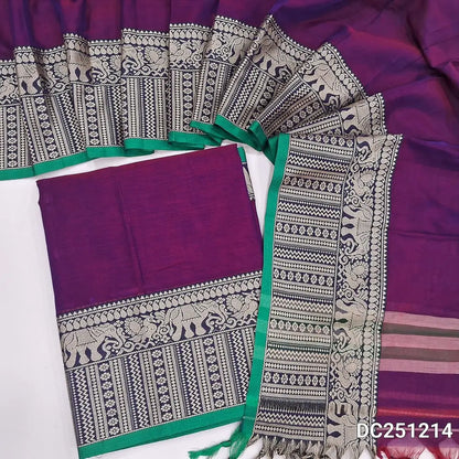 Purple mercerised handloom cotton unstitched salwar material, double side borders (Lining Needed) Fabric Measurement : 4.5 Meters, Full length dupatta. Note : Weaving Inconsistencies are not defects. DC251214