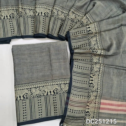 Light Grey mercerised handloom cotton unstitched salwar material, double side borders (Lining Needed) Fabric Measurement : 4.5 Meters, Full length dupatta. Note : Weaving Inconsistencies are not defects. DC251215