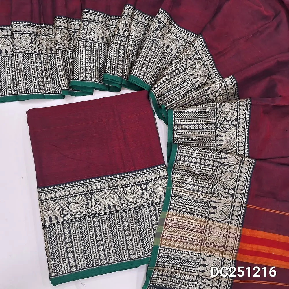 Dark Maroon mercerised handloom cotton unstitched salwar material, double side borders (Lining Needed) Fabric Measurement : 4.5 Meters, Full length dupatta. Note : Weaving Inconsistencies are not defects. DC251216