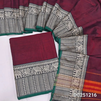 Dark Maroon mercerised handloom cotton unstitched salwar material, double side borders (Lining Needed) Fabric Measurement : 4.5 Meters, Full length dupatta. Note : Weaving Inconsistencies are not defects. DC251216