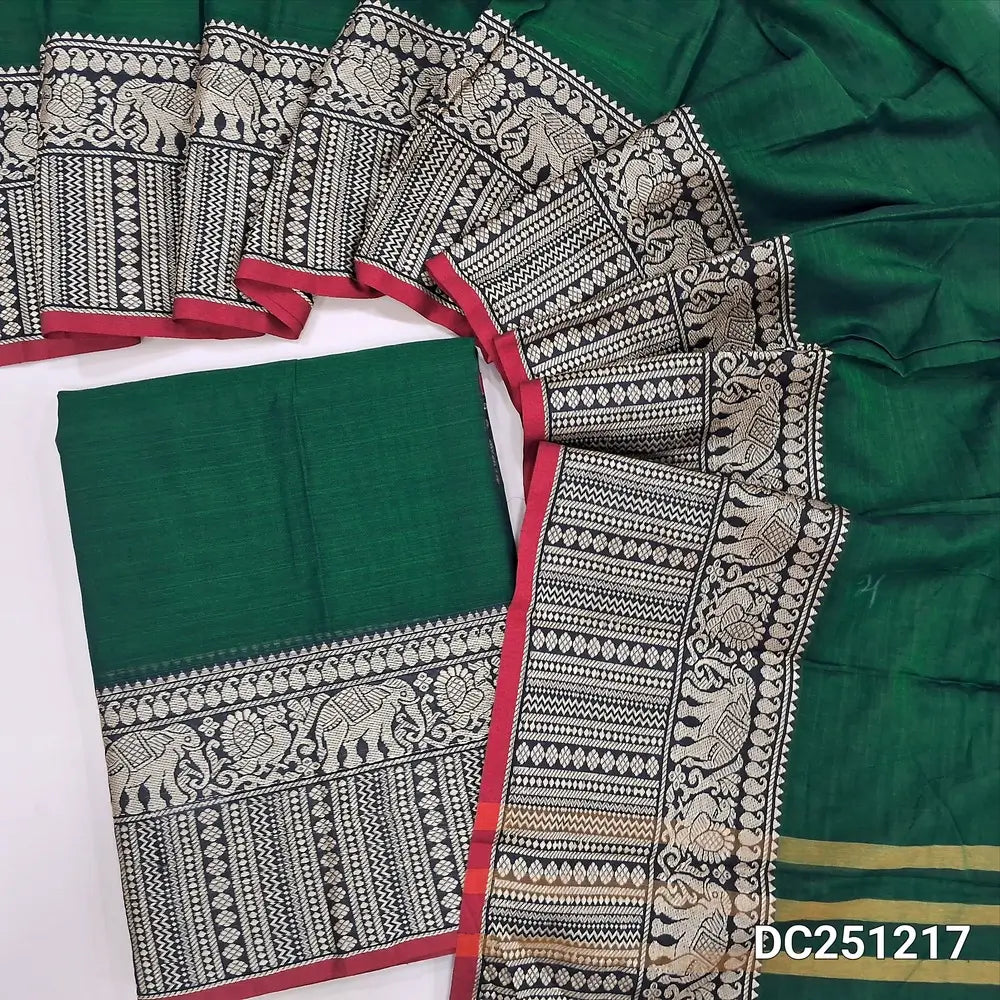 Bottle Green mercerised handloom cotton unstitched salwar material, double side borders (Lining Needed) Fabric Measurement : 4.5 Meters, Full length dupatta. Note : Weaving Inconsistencies are not defects. DC251217