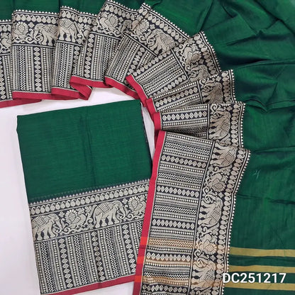 Bottle Green mercerised handloom cotton unstitched salwar material, double side borders (Lining Needed) Fabric Measurement : 4.5 Meters, Full length dupatta. Note : Weaving Inconsistencies are not defects. DC251217