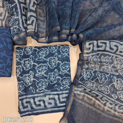 Premium indigo Blue pure kota unstitched salwar material (lining needed) hand block printed allover, printed cotton bottom, hand block printed kota dupatta. DC251218