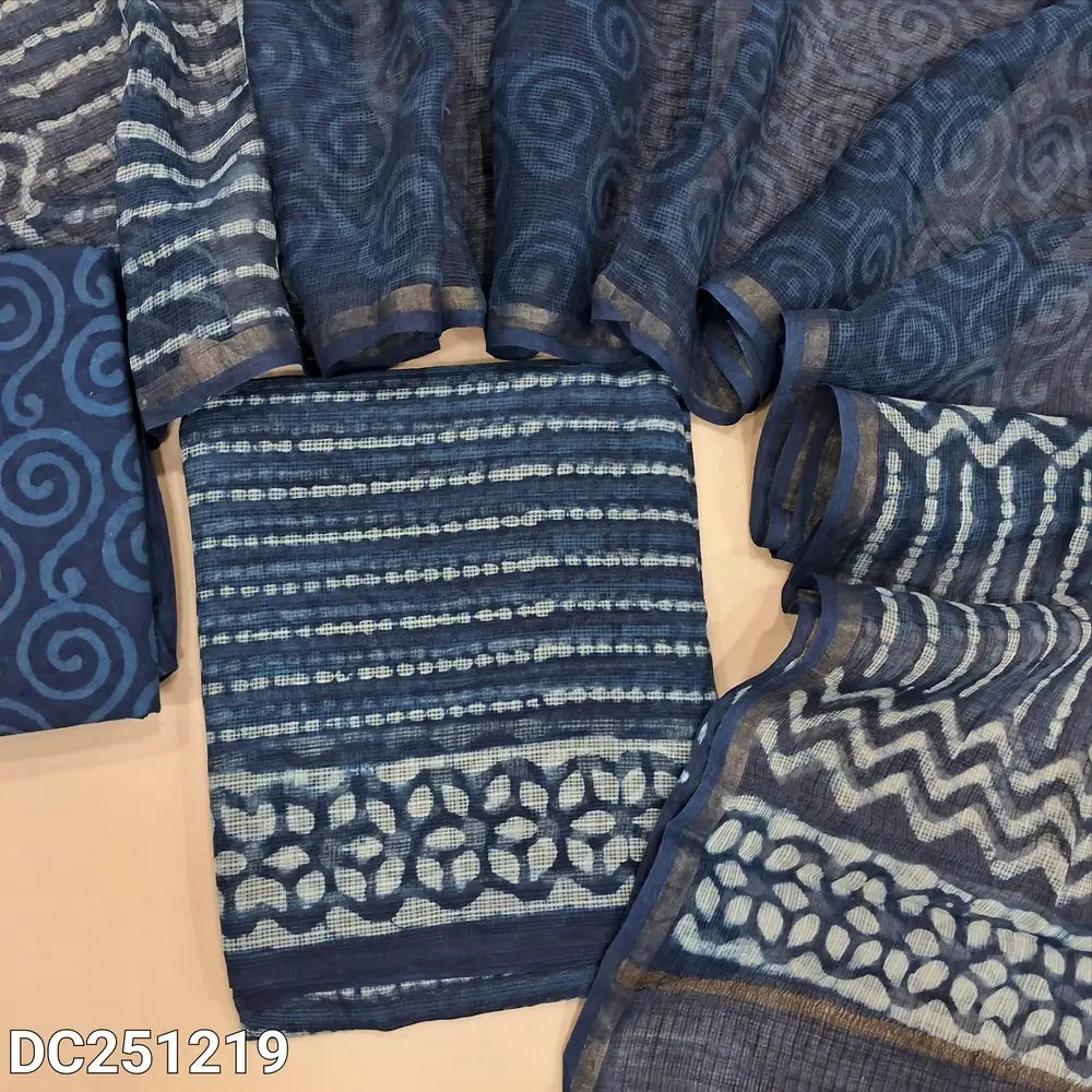 Premium indigo Blue pure kota unstitched salwar material (lining needed) hand block printed allover, printed cotton bottom, hand block printed kota dupatta. DC251219