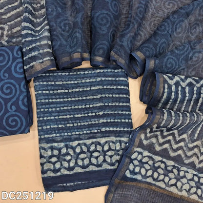 Premium indigo Blue pure kota unstitched salwar material (lining needed) hand block printed allover, printed cotton bottom, hand block printed kota dupatta. DC251219