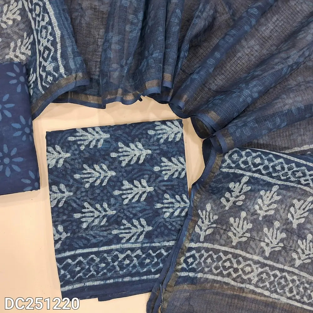 Premium indigo Blue pure kota unstitched salwar material (lining needed) hand block printed allover, printed cotton bottom, hand block printed kota dupatta. DC251220