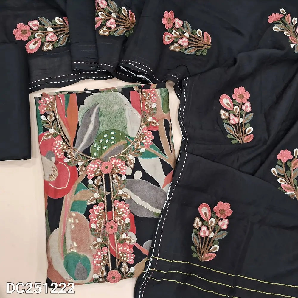Printed Black modal muslin silk unstitched salwar material (lining needed) embroidery & fancy buttons on yoke, matching spun cotton bottom, embroidery work on silk cotton dupatta. DC251222
