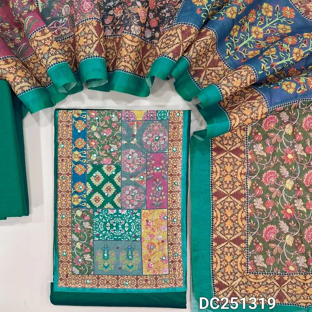 Teal Blue Jam cotton unstitched salwar material (lining optional) multicolor digital print, faux mirror work on yoke, matching coton bottom, multicolor digital print silk cotton dupatta. DC251319