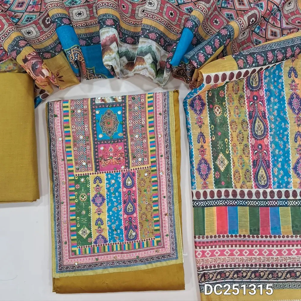 Mehandhi Yellow Jam cotton unstitched salwar material (lining optional) multicolor digital print, faux mirror work on yoke, matching coton bottom, multicolor digital print silk cotton dupatta. DC251315
