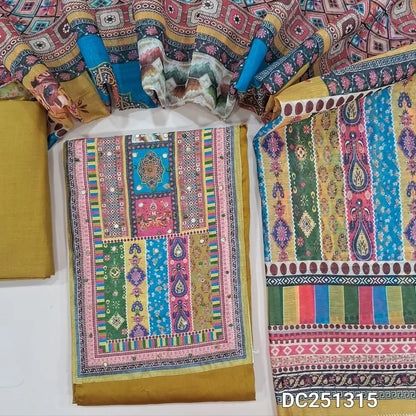 Mehandhi Yellow Jam cotton unstitched salwar material (lining optional) multicolor digital print, faux mirror work on yoke, matching coton bottom, multicolor digital print silk cotton dupatta. DC251315