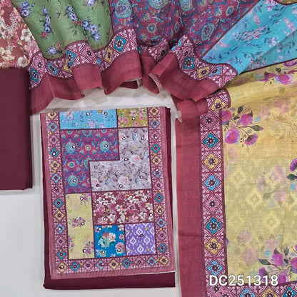 Dark Maroon Jam cotton unstitched salwar material (lining optional) multicolor digital print, faux mirror work on yoke, matching coton bottom, multicolor digital print silk cotton dupatta. DC251318