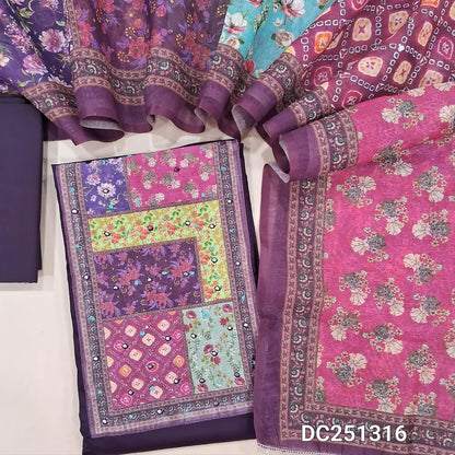 Deep wine Purple Jam cotton unstitched salwar material (lining optional) multicolor digital print, faux mirror work on yoke, matching coton bottom, multicolor digital print silk cotton dupatta. DC251316