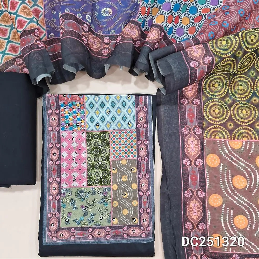 Black Jam cotton unstitched salwar material (lining optional) multicolor digital print, faux mirror work on yoke, matching coton bottom, multicolor digital print silk cotton dupatta. DC251320