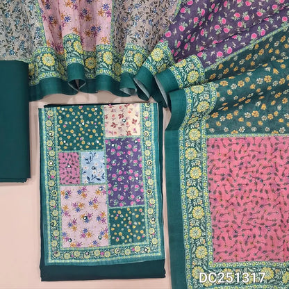 Teal Green Jam cotton unstitched salwar material (lining optional) multicolor digital print, faux mirror work on yoke, matching coton bottom, multicolor digital print silk cotton dupatta. DC251317