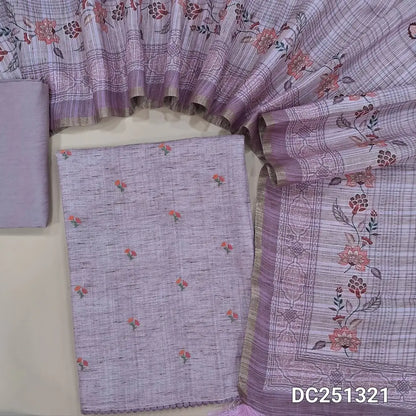 Designer light Purple pure linen unstitched salwar material (lining needed) small embroidery work on front, matching silky bottom, digital printed pure linen dupatta. DC251321