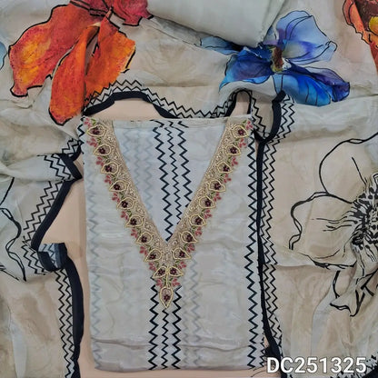 Designer printed Grey pure organza silk unstitched salwar material (flowy, lining needed) bead, zardozi work on neck line, v neck, matching santoon bottom, floral printed organza silk short width dupatta. DC251325