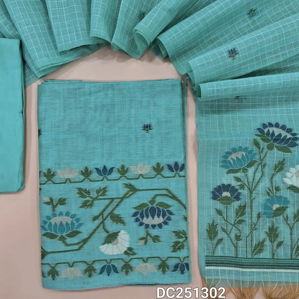 Designer pastel Blue jamdani woven premium silk cotton unstitched salwar material (lining needed)  heqavy jamdani woven on daman, matching santoon bottom, premium silk cotton dupatta with jamdani woven pallu & hand made tassels. DC251302