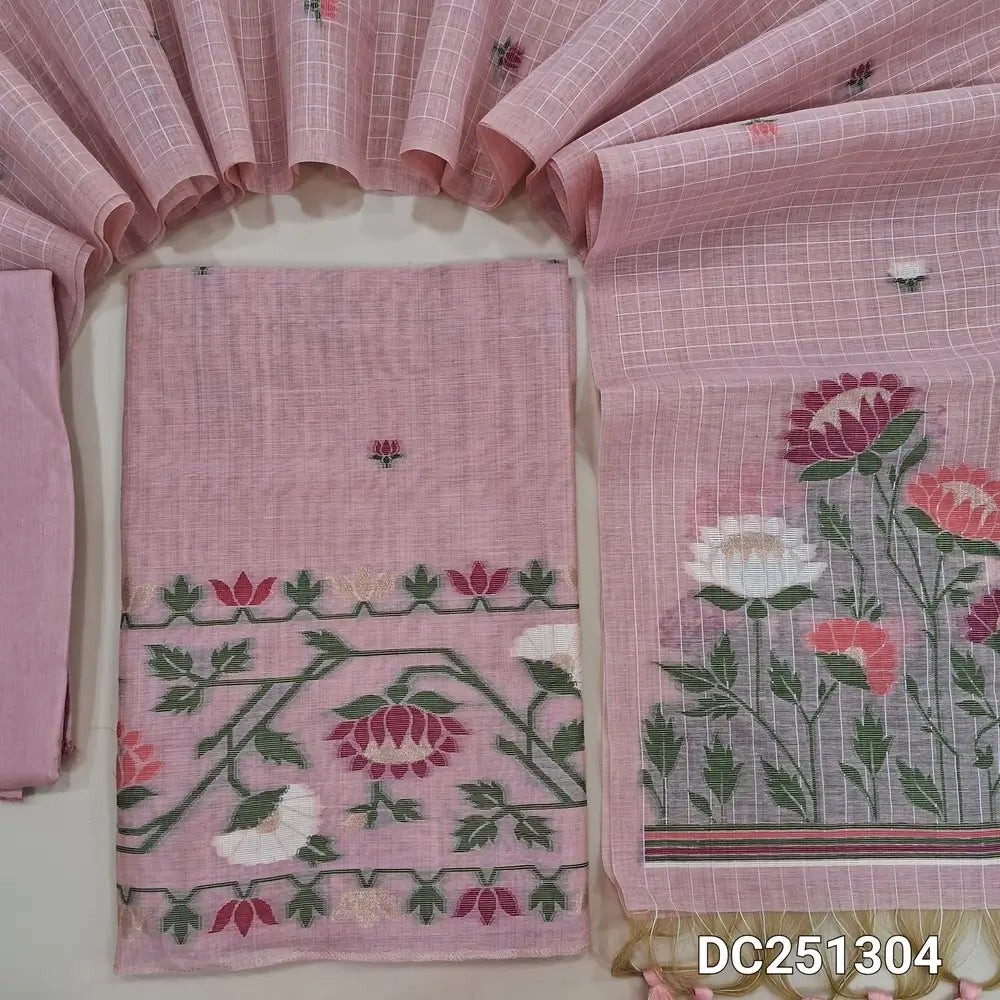 Designer pastel Pink jamdani woven premium silk cotton unstitched salwar material (lining needed)  heqavy jamdani woven on daman, matching santoon bottom, premium silk cotton dupatta with jamdani woven pallu & hand made tassels. DC251304