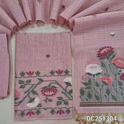 Designer pastel Pink jamdani woven premium silk cotton unstitched salwar material (lining needed)  heqavy jamdani woven on daman, matching santoon bottom, premium silk cotton dupatta with jamdani woven pallu & hand made tassels. DC251304