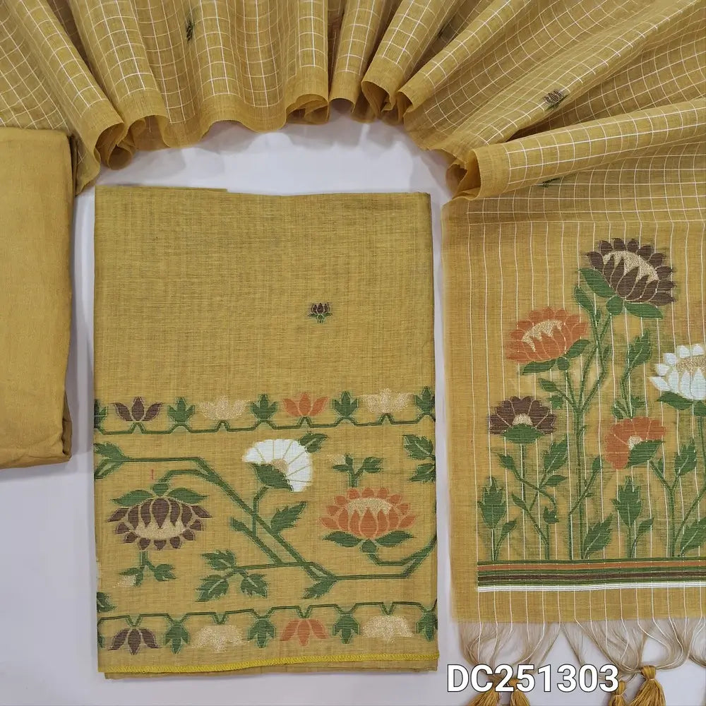 Designer sandal Yellow jamdani woven premium silk cotton unstitched salwar material (lining needed)  heqavy jamdani woven on daman, matching santoon bottom, premium silk cotton dupatta with jamdani woven pallu & hand made tassels. DC251303