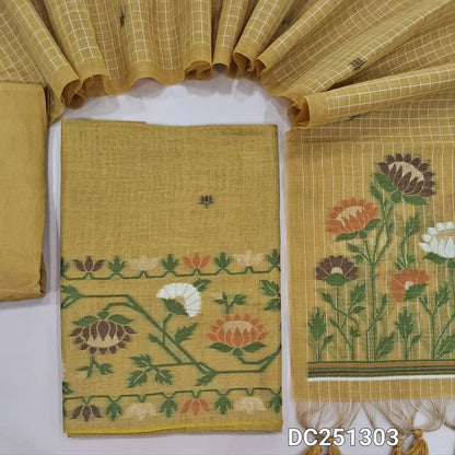 Designer sandal Yellow jamdani woven premium silk cotton unstitched salwar material (lining needed)  heqavy jamdani woven on daman, matching santoon bottom, premium silk cotton dupatta with jamdani woven pallu & hand made tassels. DC251303