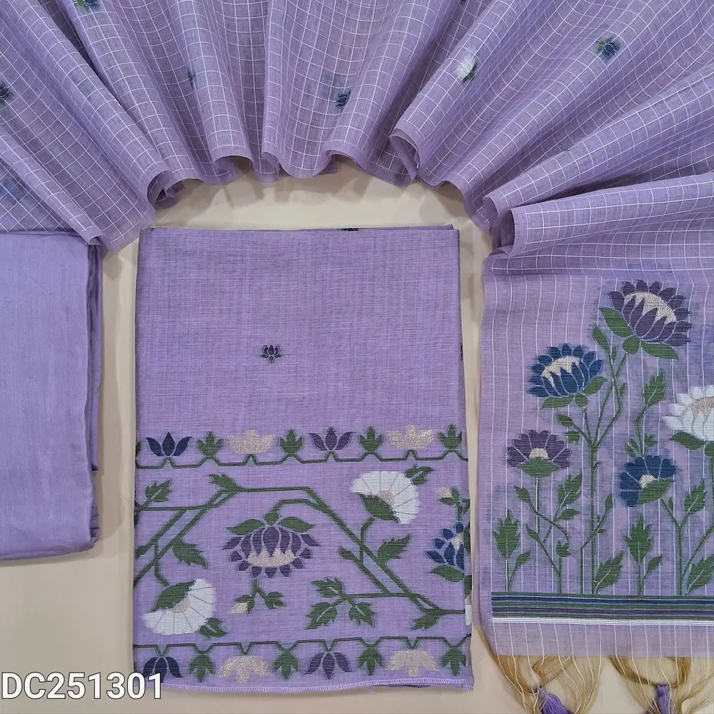 Designer Lavender jamdani woven premium silk cotton unstitched salwar material (lining needed)  heqavy jamdani woven on daman, matching santoon bottom, premium silk cotton dupatta with jamdani woven pallu & hand made tassels. DC251301