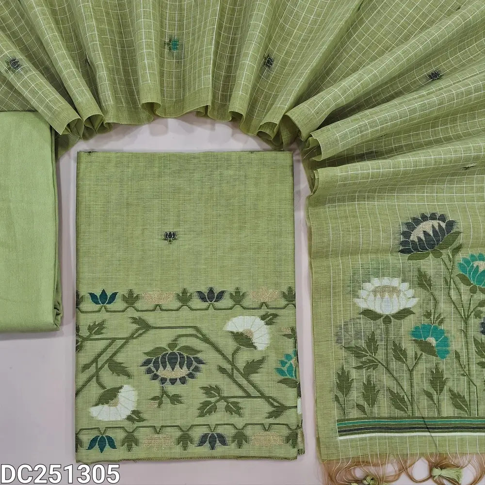 Designer pastel Green jamdani woven premium silk cotton unstitched salwar material (lining needed)  heqavy jamdani woven on daman, matching santoon bottom, premium silk cotton dupatta with jamdani woven pallu & hand made tassels. DC251305